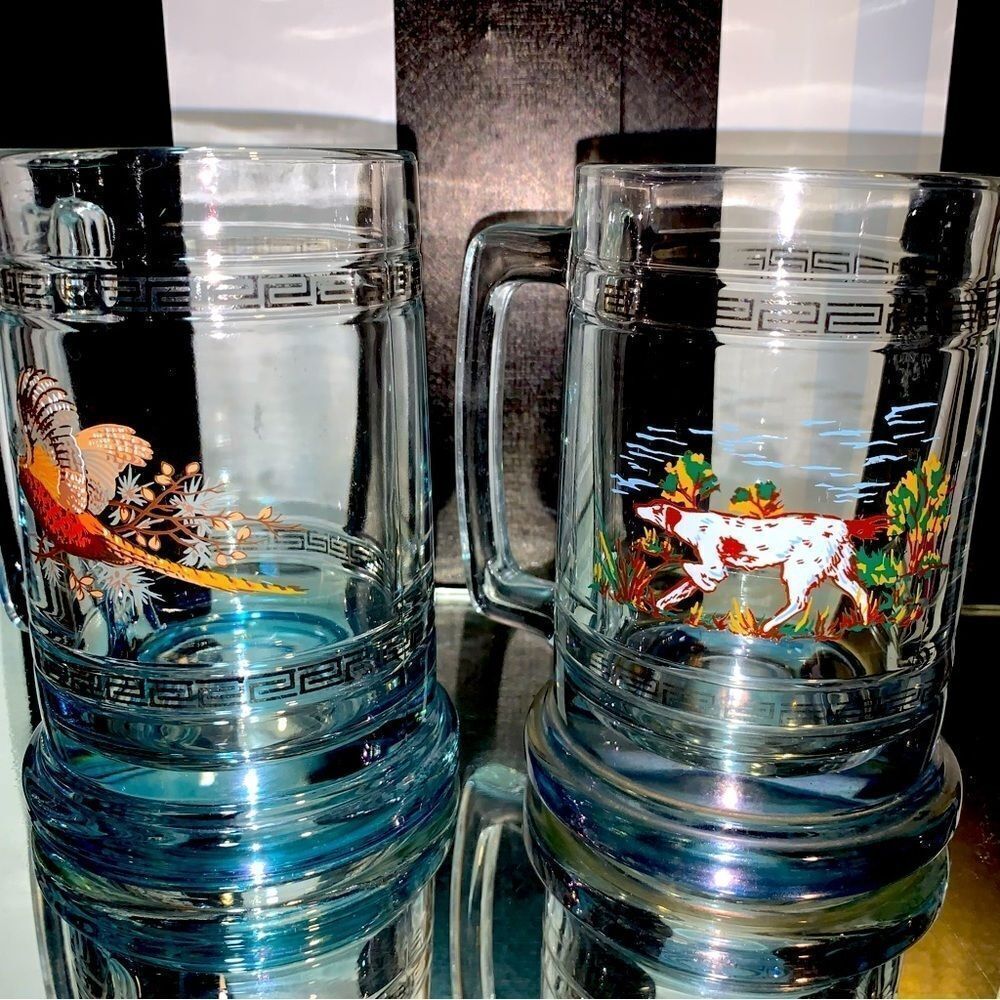 Vintage Pair of Hunting Vibe Clear Glass Beer Coffee Drink Mug With Handle